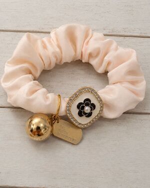 Pink Camellia Flower Scrunchie with Charms - Hair Tie Hair Band Ponytail